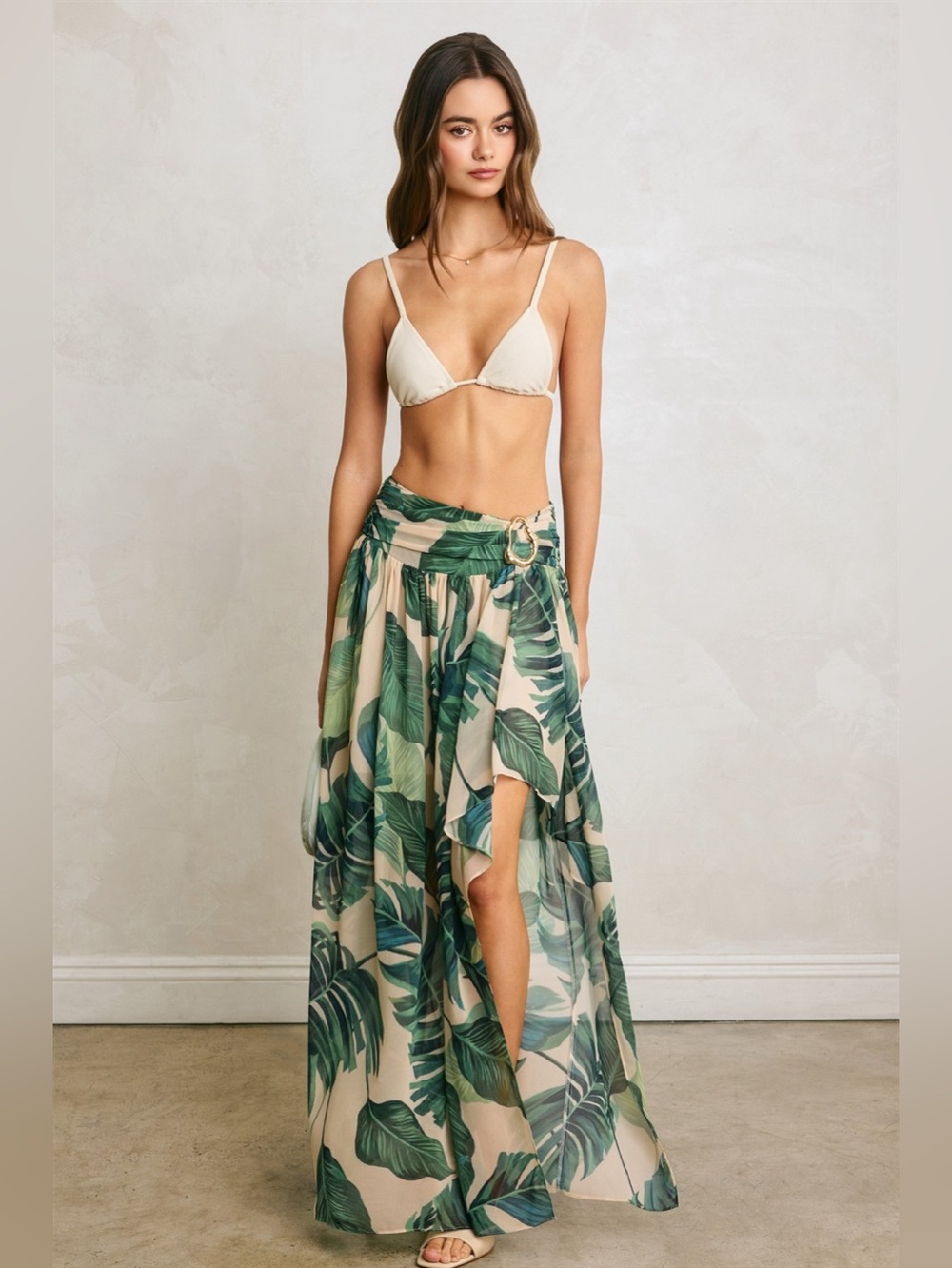 Tropical Leaf Print Maxi Skirt in Cream and Green